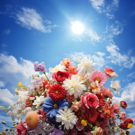 Bouquet of flowers colorful with a blue sky and cloud.の素材