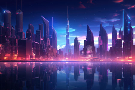 Skyscrapers glowing illuminate the futuristic cityscape at night.の素材
