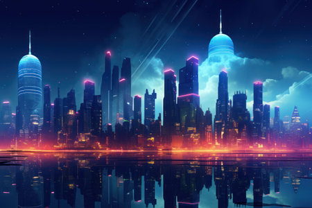 Skyscrapers glowing illuminate the futuristic cityscape at night.の素材