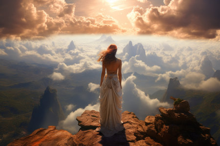 Woman on top of mountain with beautiful sky landscape.の素材