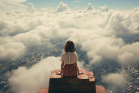 Woman on top of mountain with beautiful sky landscape.の素材