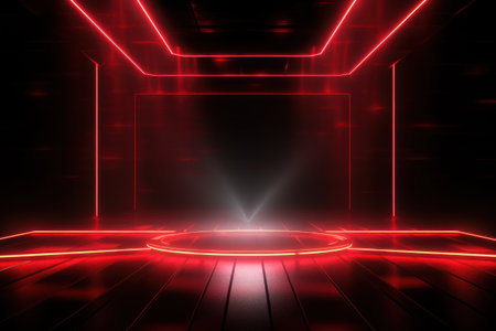 Big stage with red neon light luminance background.の素材