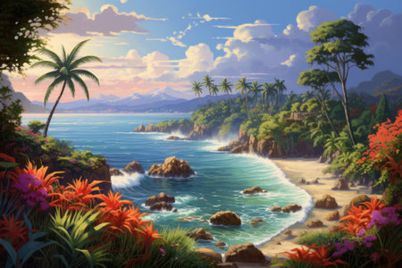 Sunny tropical palm and flower paradise view beach landscape.の素材