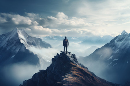 Man on top of mountain with beautiful sky landscape.の素材