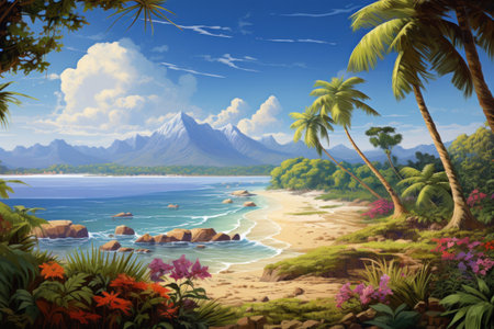 Sunny tropical palm and flower paradise view beach landscape.の素材