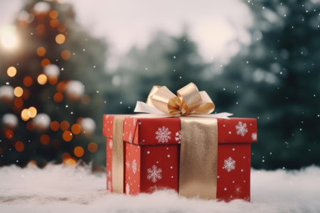 A gift box on table with beautiful bokeh festive and snow background.の素材