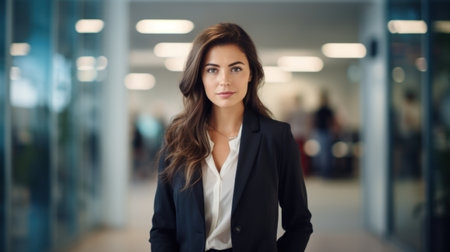 Young professional business woman standing and smile in blur office background.の素材