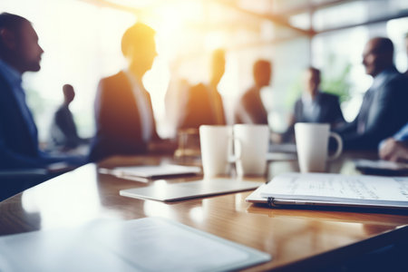 Blurred office interior space background with people working and meeting on table. Business concept.の素材