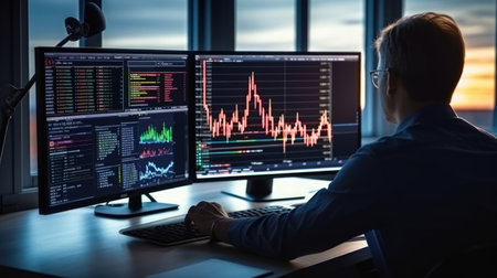 Businessman fund manager trading stock market indicators for best investment strategy, financial data and charts.の素材