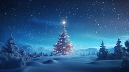 Christmas Tree on Blurred Shiny Lights at snow top of blur mountain background. Christmas Eve concept.の素材