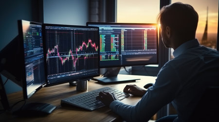 Businessman fund manager trading stock market indicators for best investment strategy, financial data and charts.の素材