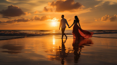 Closed up Happy couple together with lovely moment at beach golden hour.の素材