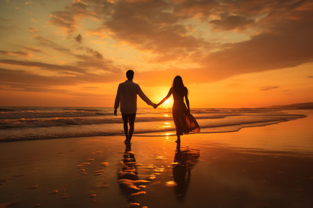Closed up Happy couple together with lovely moment at beach golden hour.の素材