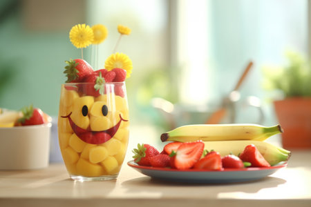 Happy Healthy breakfast for kid on table in kitchen.の素材