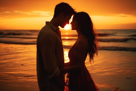 Closed up Happy couple together with lovely moment at beach golden hour.の素材