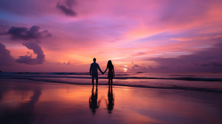 Closed up Happy couple together with lovely moment at beach golden hour.の素材