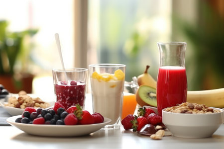 Happy Healthy breakfast for kid on table in kitchen.の素材