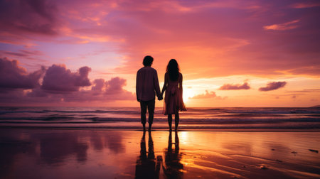 Closed up Happy couple together with lovely moment at beach golden hour.の素材