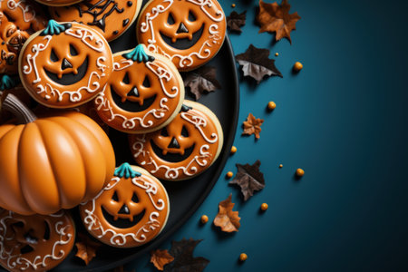 Halloween cookies and candy on table with bokeh background.の素材