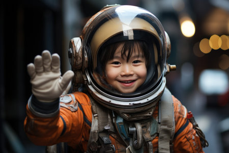 Happy kid wear astronaut costume and smile in dream job.の素材