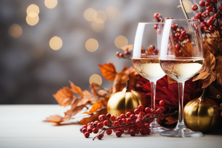 Glass of wine on dining table and food with bokeh background. Thank giving day concept background.の素材