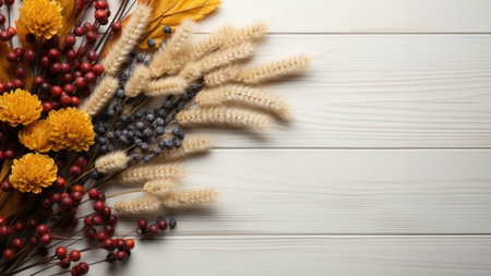 Autumn season frame dried flowers on wooden board with copy space background. Thank giving day concept background.の素材