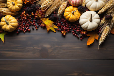 Autumn season frame dried flowers on wooden board with copy space background. Thank giving day concept background.の素材