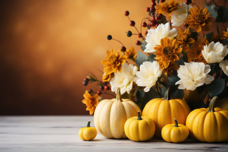 Autumn season frame dried flowers on wooden board with copy space background. Thank giving day concept background.の素材
