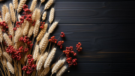 Autumn season frame dried flowers on wooden board with copy space background. Thank giving day concept background.の素材