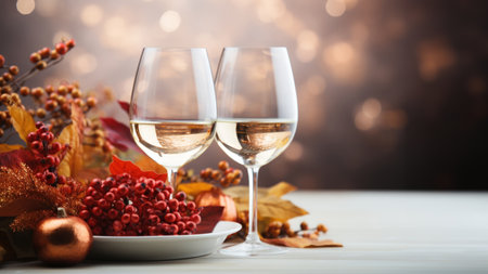 Glass of wine on dining table and food with bokeh background. Thank giving day concept background.の素材