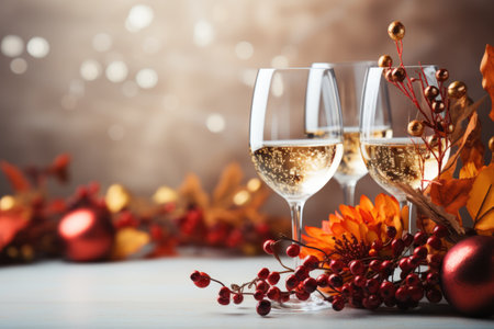 Glass of wine on dining table and food with bokeh background. Thank giving day concept background.の素材