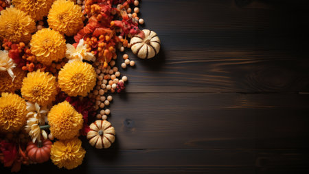 Autumn season frame dried flowers on wooden board with copy space background. Thank giving day concept background.の素材