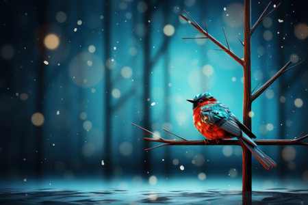A little bird on tree branch with snow and bokeh background.の素材