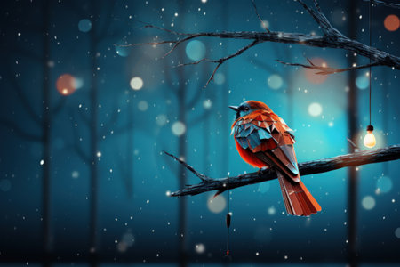 A little bird on tree branch with snow and bokeh background.の素材
