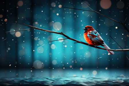A little bird on tree branch with snow and bokeh background.の素材