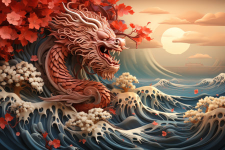 Chinese new year concept paper art style background. Dragon and cherry blossom red background.の素材