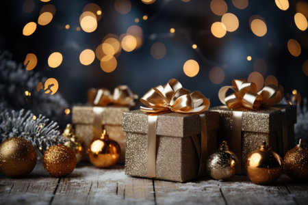 3D render Christmas tree and present and snow on bokeh background.の素材