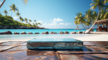 3D render empty luxury podium on blur beach tropical Caribbean  background.の素材