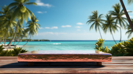 3D render empty luxury podium on blur beach tropical Caribbean  background.の素材