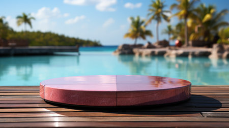 3D render empty luxury podium on blur beach tropical Caribbean  background.の素材