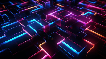3d render abstract geometric background of colorful neon lines glowing in the dark futuristic wallpaper.の素材