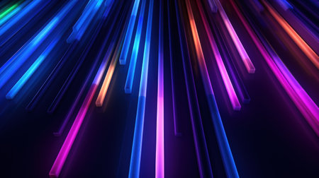 3d render abstract geometric background of colorful neon lines glowing in the dark futuristic wallpaper.の素材