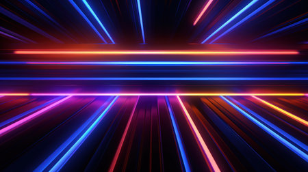 3d render abstract geometric background of colorful neon lines glowing in the dark futuristic wallpaper.の素材
