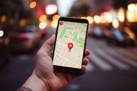 Woman hand holding a big gps red icon on map in smartphone on city background.の素材