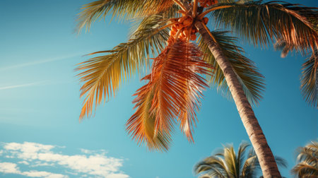 Blue sky and palm trees view from below tropical beach and summer background.の素材