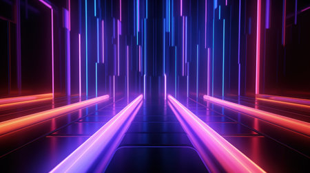 3d render abstract geometric background of colorful neon lines glowing in the dark futuristic wallpaper.の素材