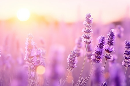 Sweet beautiful lavender flower field with bokeh background.の素材