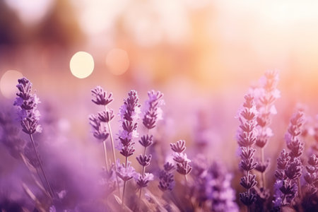 Sweet beautiful lavender flower field with bokeh background.の素材