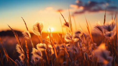 Grass field flower on sunset sky in golden hour.の素材