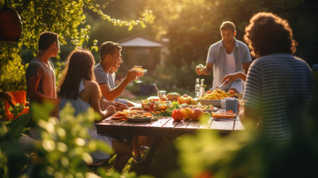 Family and friends having a picnic barbecue grill in the garden.の素材